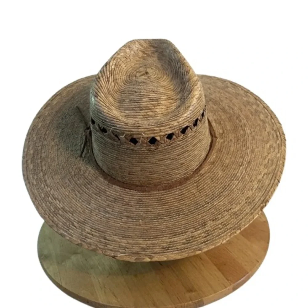 Striped Palm Straw Wide Brim Fedora Sun Western‎ Hat Drawstring